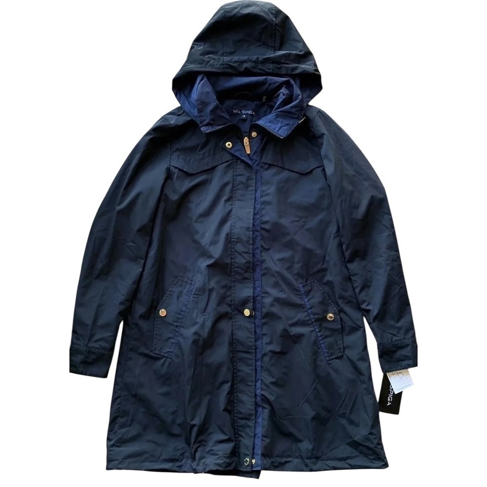 Via Spiga Water Rain Trench Coat Jacket Hooded Black Navy Blue Size XS